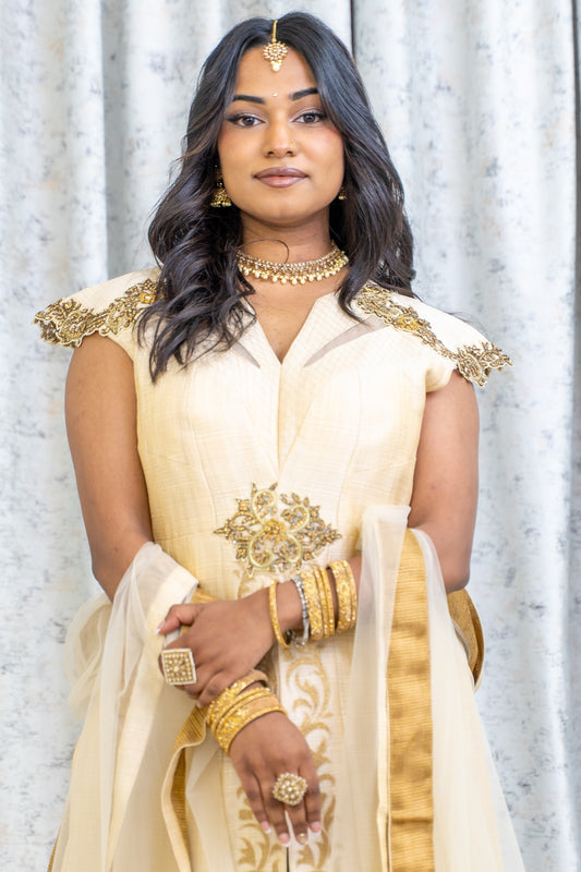 Cream Raw Silk Lehenga Set with Embroidery