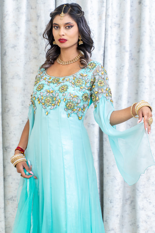 Ombre Blue Punjabi Set with Swarovski Flower Work
