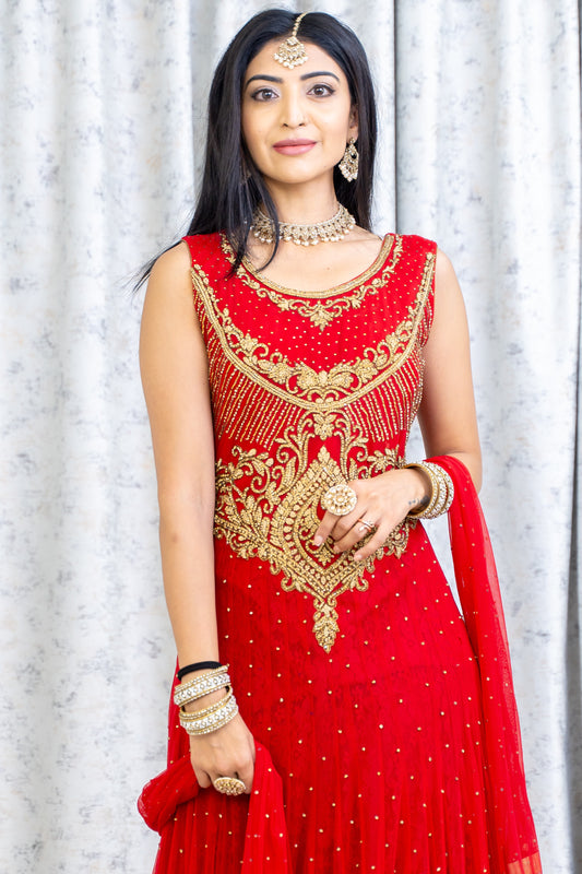 Red Net Punjabi Set with Swarovski Stone Work