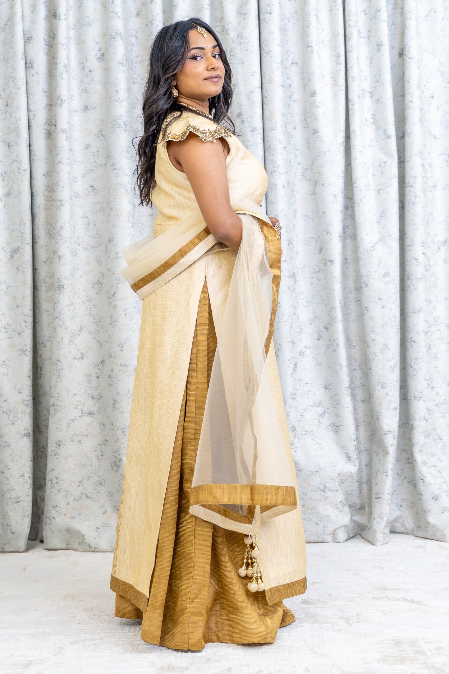 Cream Raw Silk Lehenga Set with Embroidery