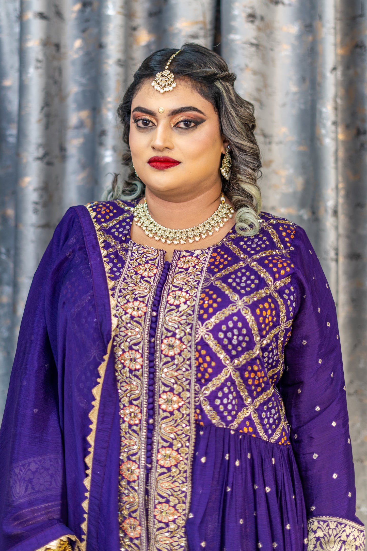 Purple Bandhani Punjabi Set with Zari Work