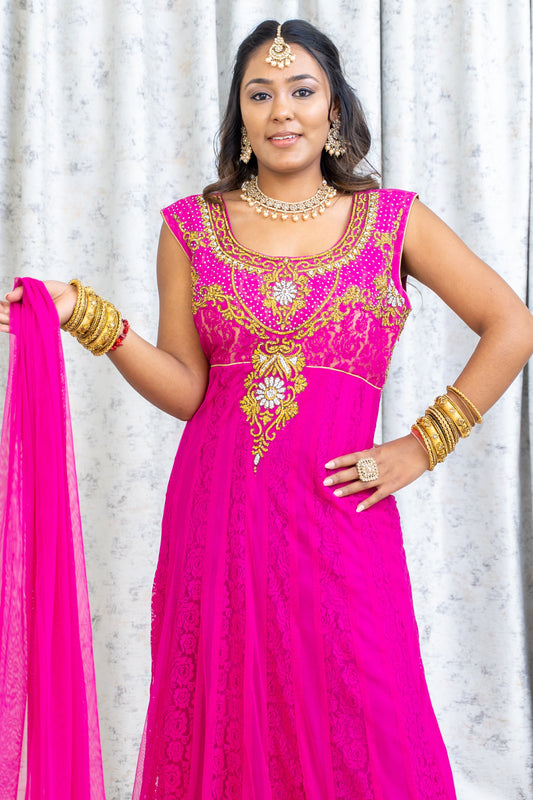 Pink Net Punjabi Set with Swarovski Stone Work