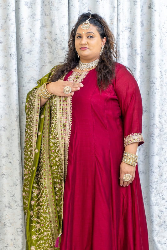 Maroon Chinon Silk Punjabi Set with Contrast Dupatta