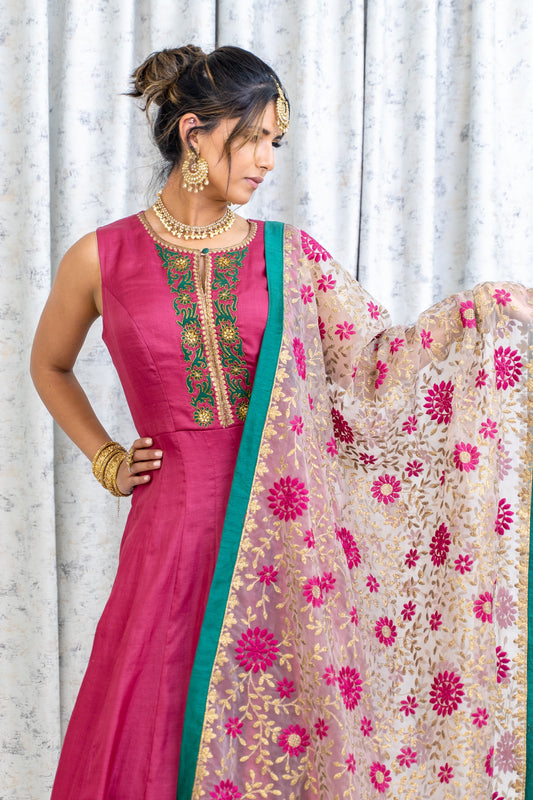 Dusty Rose Coloured Chinon Silk Punjabi Set with Contrast Dupatta