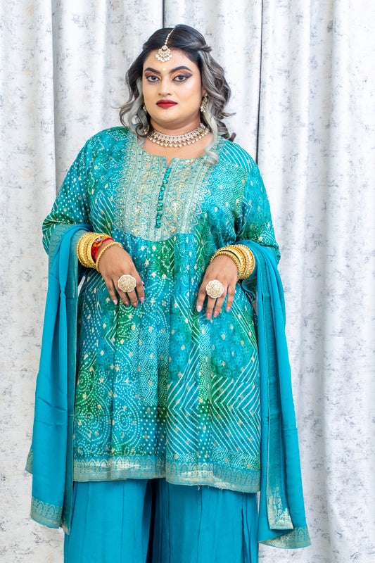 Blue Tie-Dyed Chinon Silk Punjabi Set