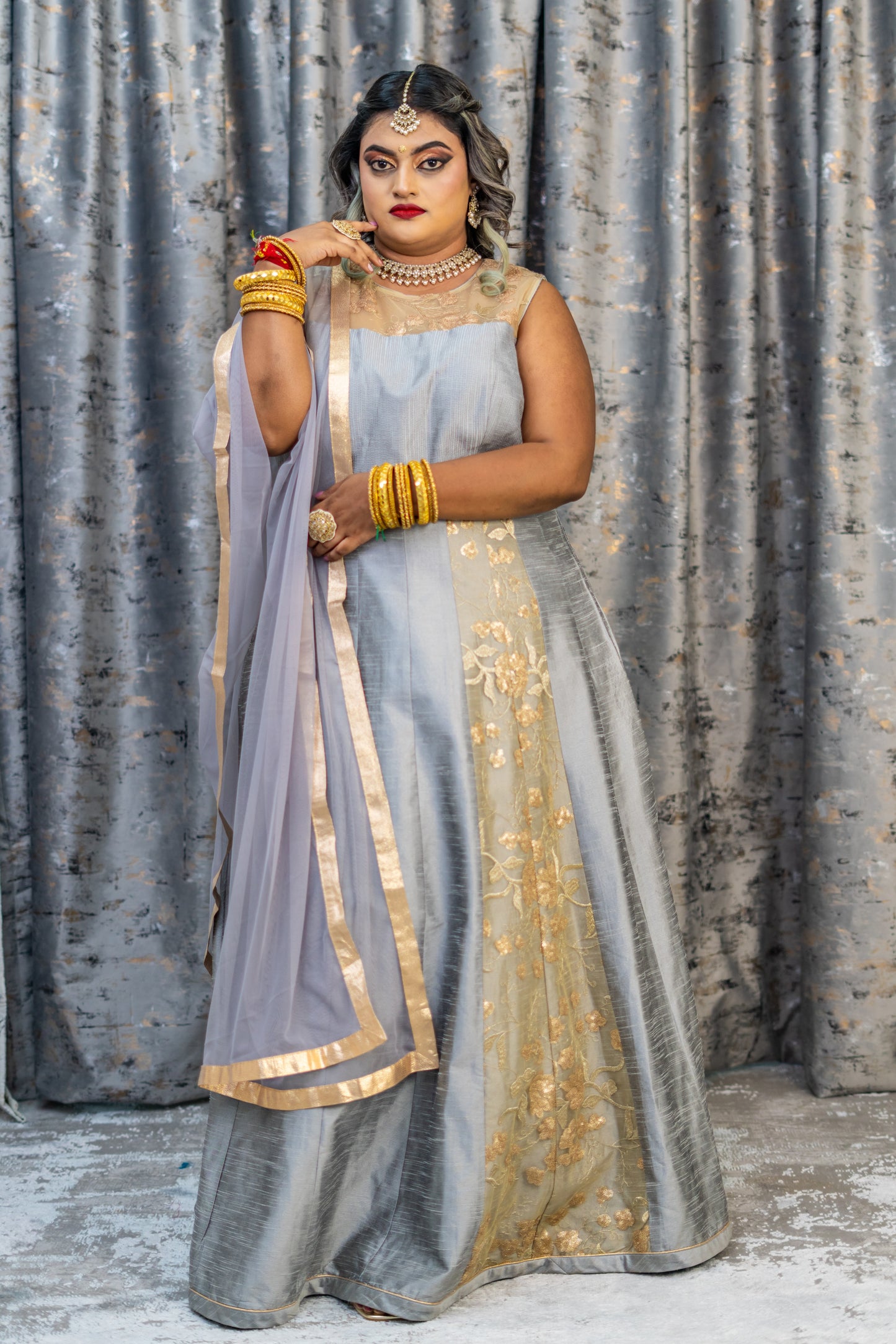 Grey Raw Silk Anarkali Set with Net Embroidery Panel