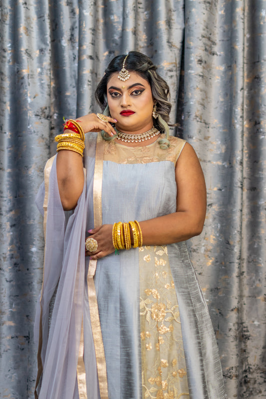 Grey Raw Silk Anarkali Set with Net Embroidery Panel