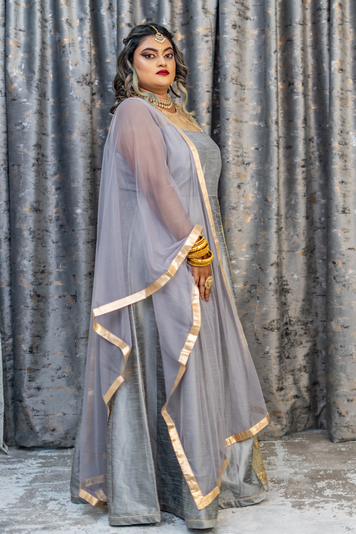 Grey Raw Silk Anarkali Set with Net Embroidery Panel
