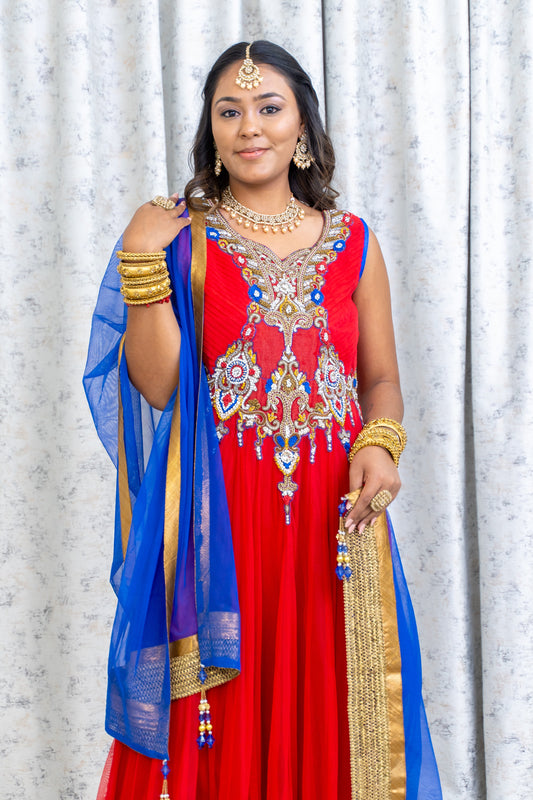 Red & Blue Punjabi Set with Swarovski Stone Work