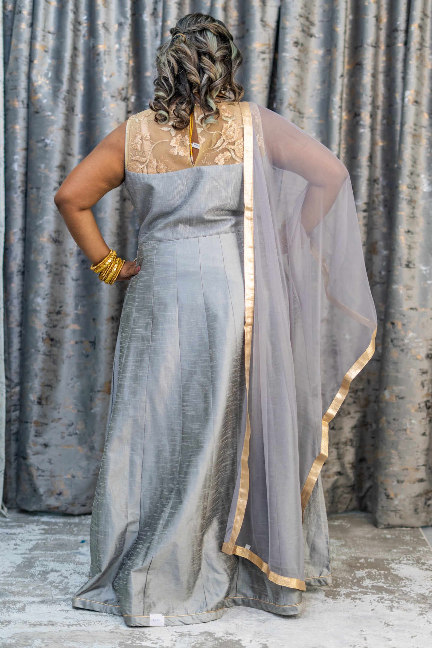 Grey Raw Silk Anarkali Set with Net Embroidery Panel