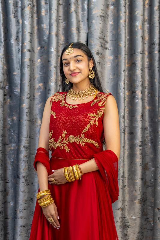 Red Chinon Silk Punjabi Set