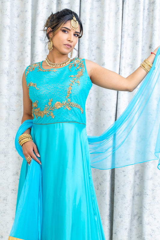 Blue Chinon Silk Punjabi Set