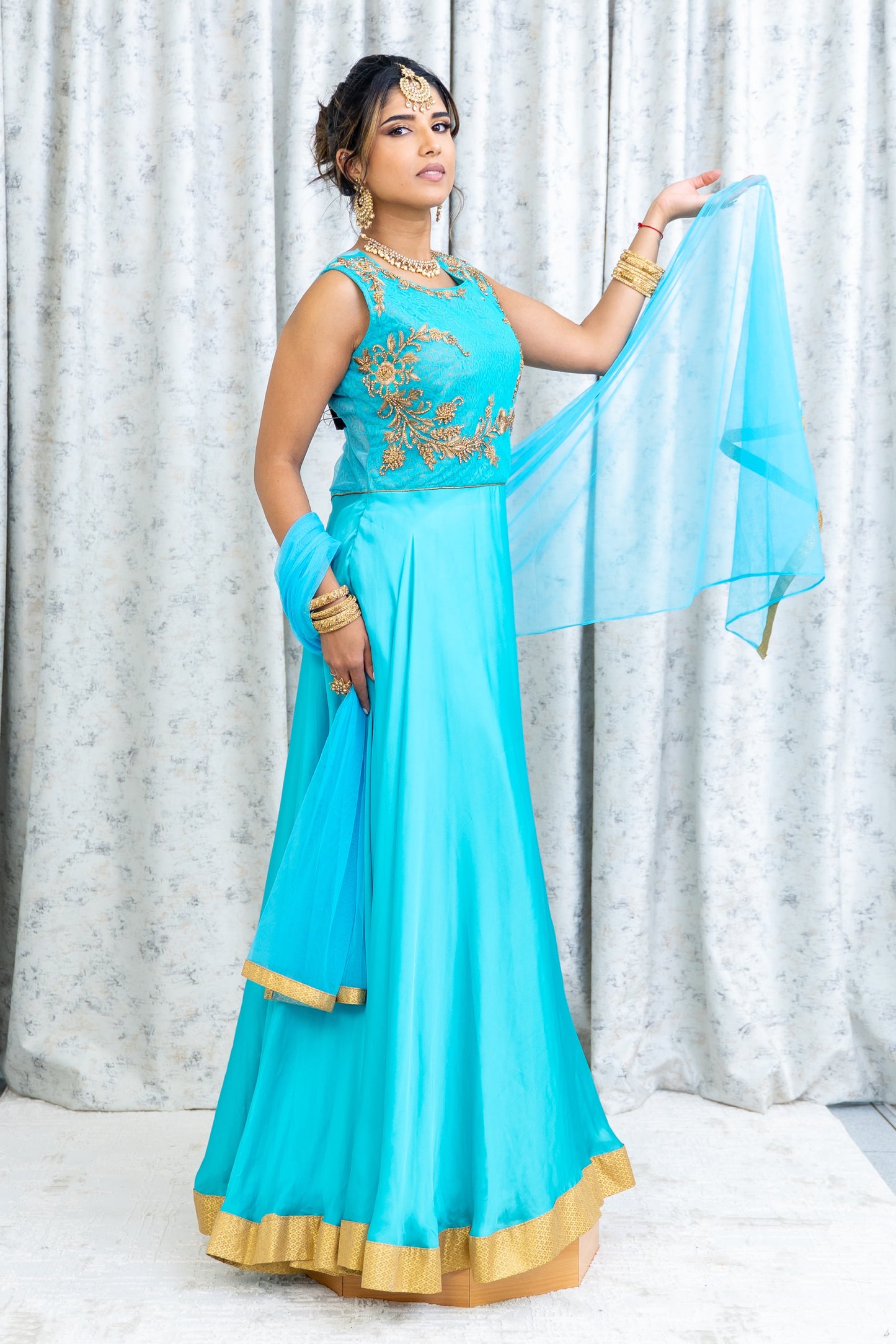 Blue Chinon Silk Punjabi Set