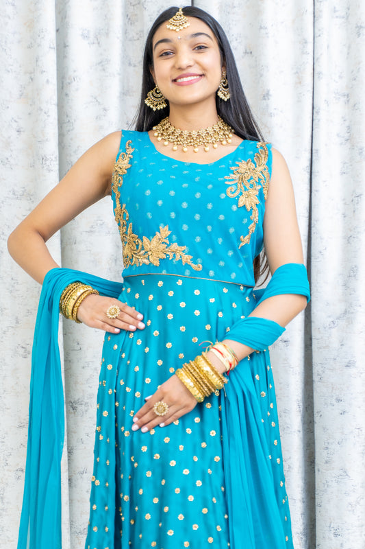 Blue Chinon Silk Punjabi Set with Gold Swarovski Set