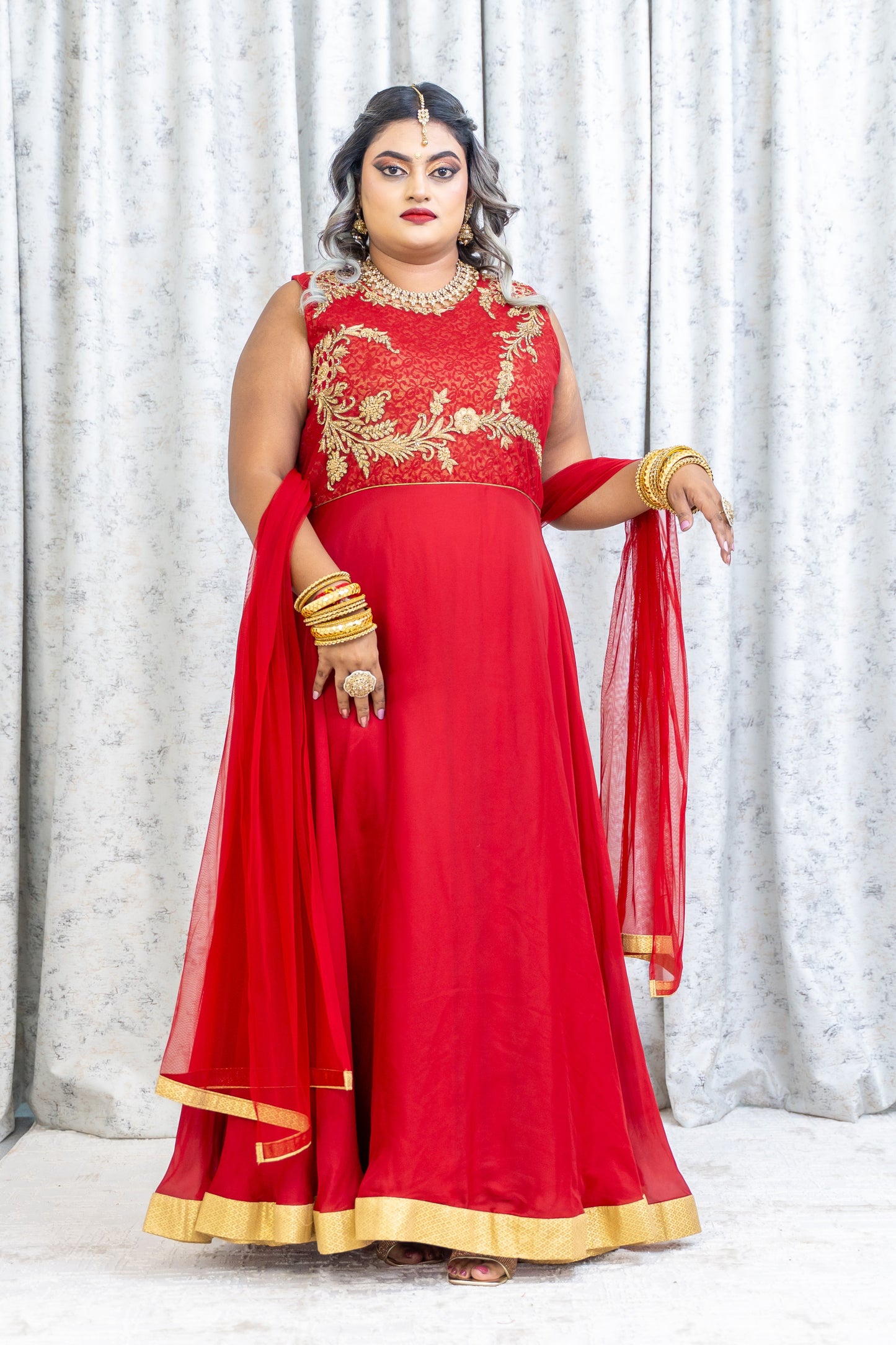 Red Chinon Silk Punjabi Set with Gold Swarovski Work