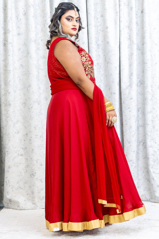 Red Chinon Silk Punjabi Set with Gold Swarovski Work