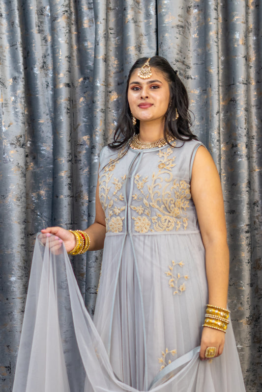 Grey Net Punjabi with Gold Embroidery