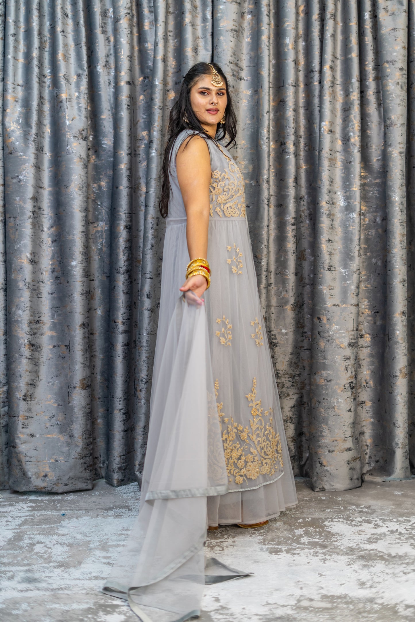 Grey Net Punjabi with Gold Embroidery
