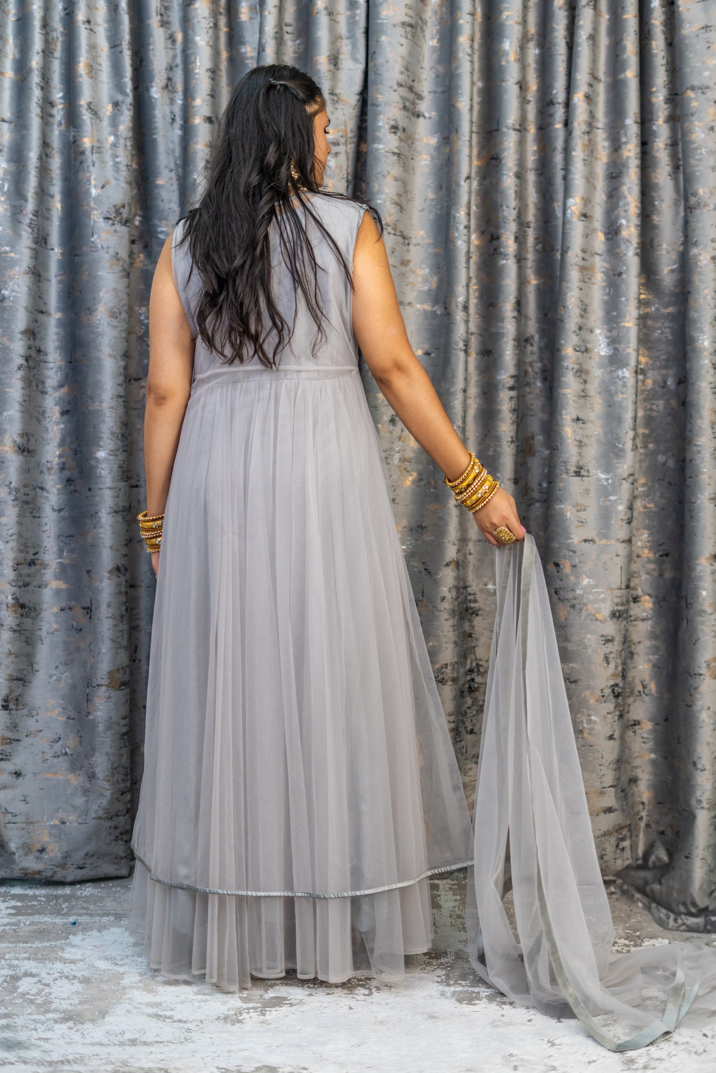 Grey Net Punjabi with Gold Embroidery