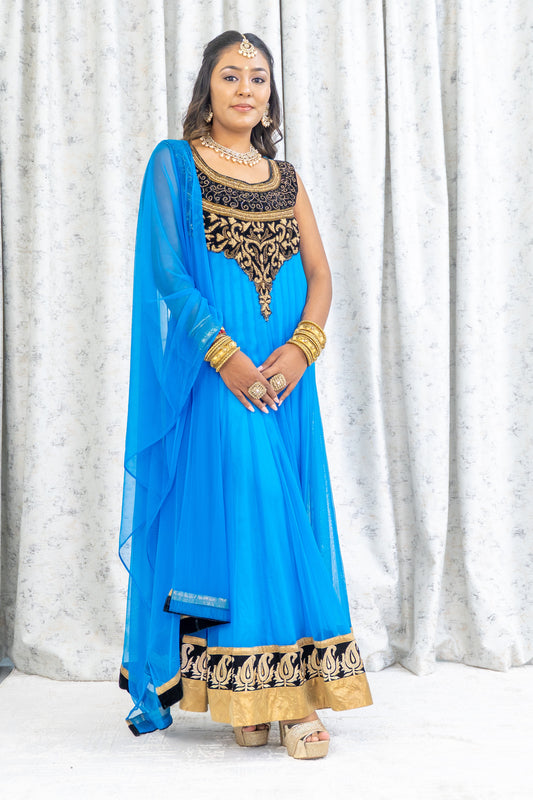 Blue Net Punjabi Set with Gold Swarovski Stone Work