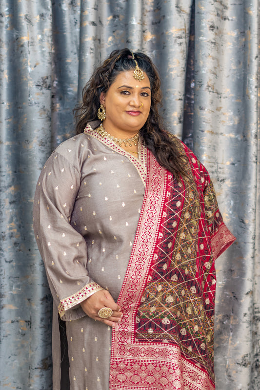 Grey Cotton Punjabi Set with Rich Brocade Scarf