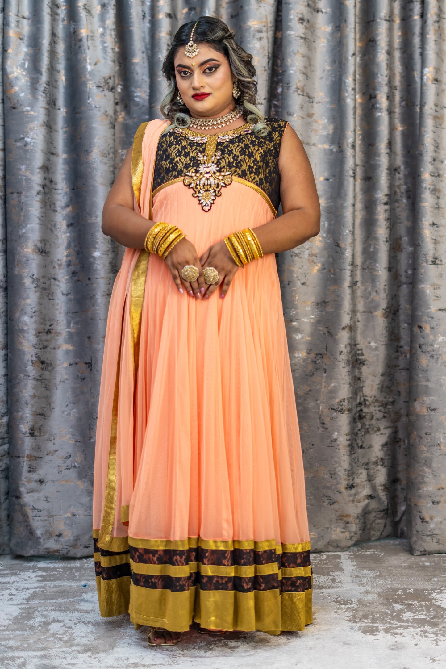 Peach Net Punjabi Set with Swarovski Stone Work