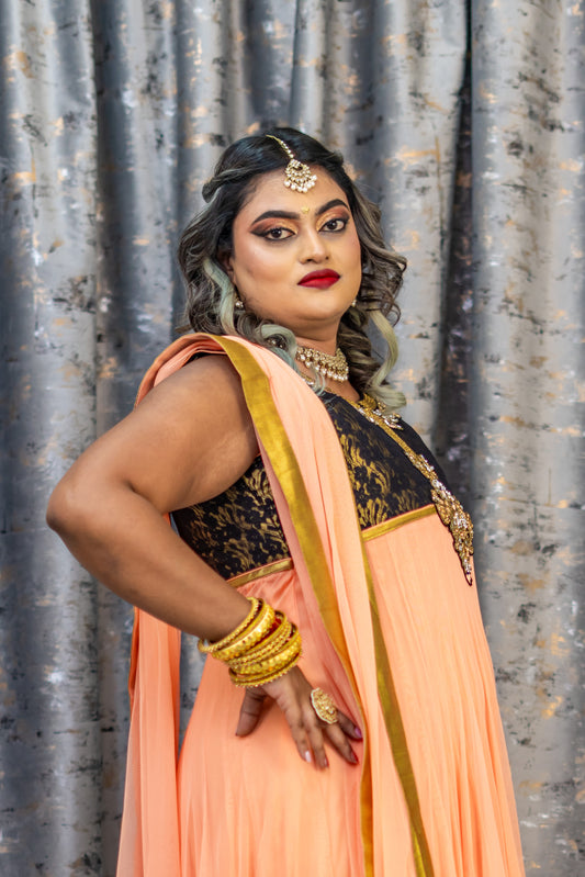 Peach Net Punjabi Set with Swarovski Stone Work