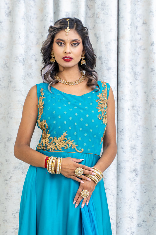Blue Chinon Silk Punjabi Set