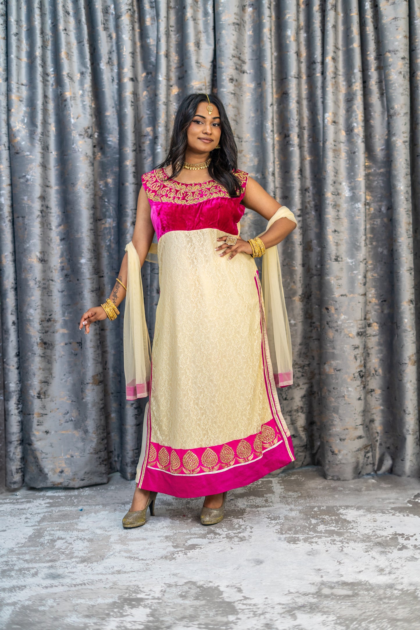Cream Net Punjabi Set with Velvet and Swarovski Stone Work