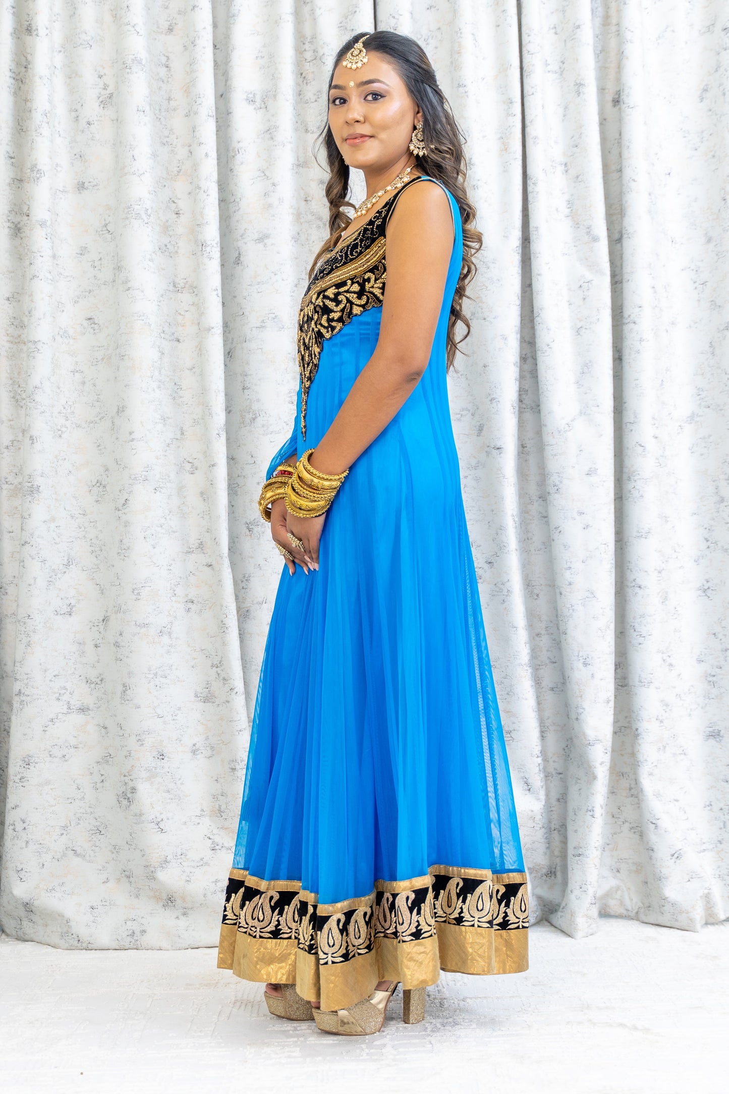 Blue Net Punjabi Set with Gold Swarovski Stone Work