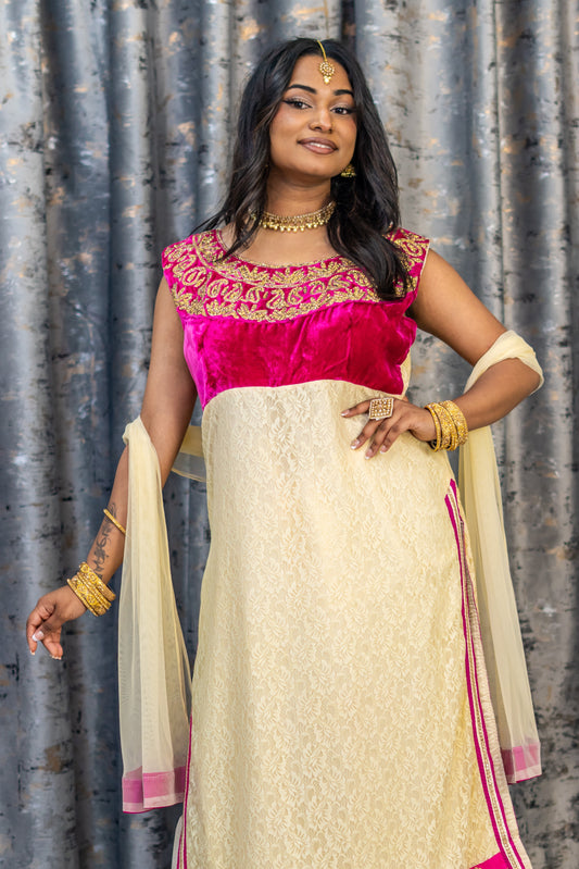 Cream Net Punjabi Set with Velvet and Swarovski Stone Work