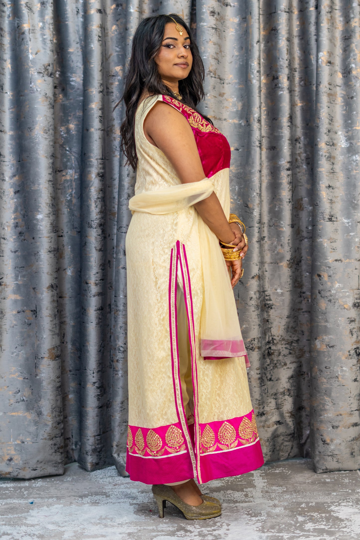 Cream Net Punjabi Set with Velvet and Swarovski Stone Work