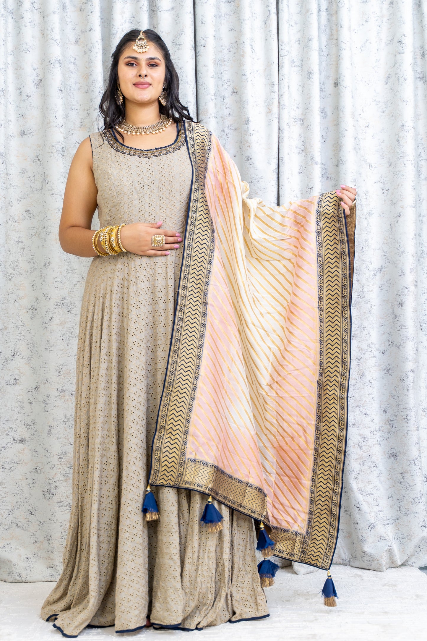 Grey Cotton Punjabi Set with Contrast Dupatta