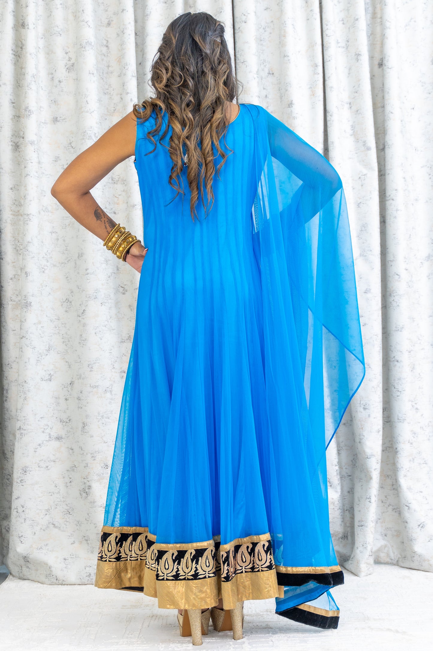 Blue Net Punjabi Set with Gold Swarovski Stone Work