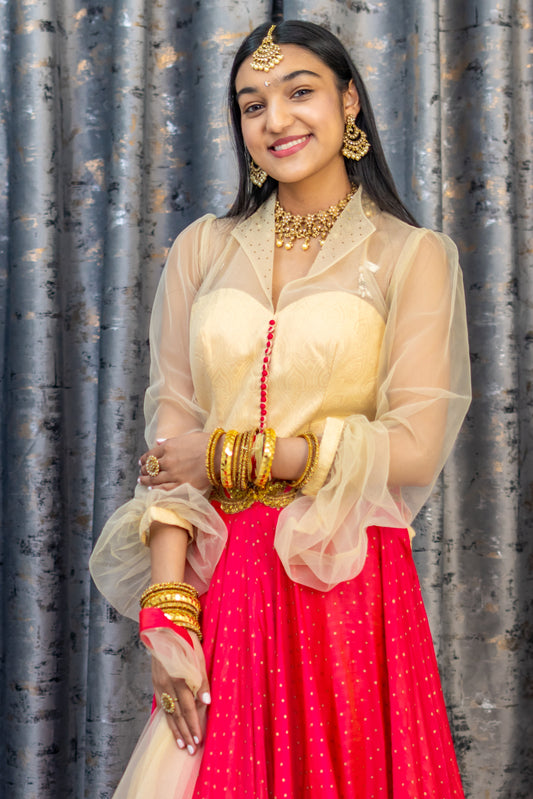 Red Chinon Silk Anarkali Set