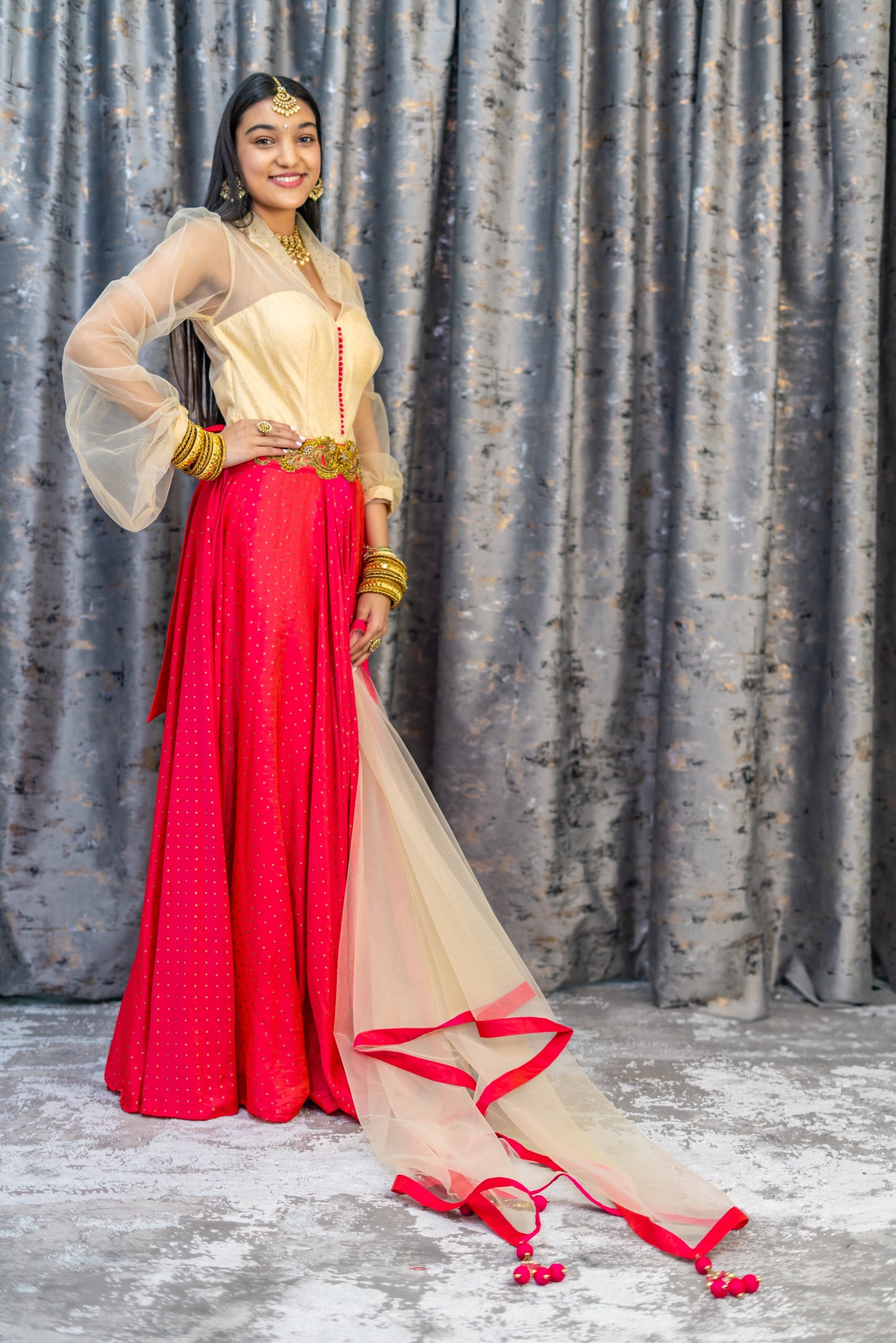 Red Chinon Silk Anarkali Set