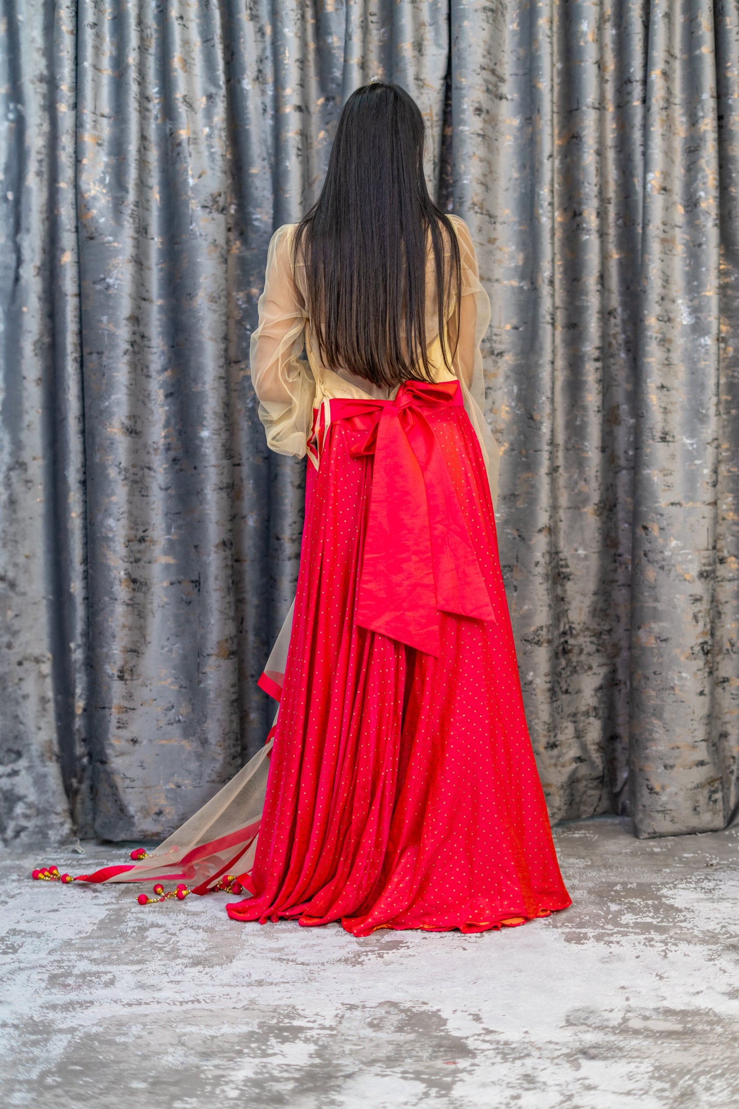 Red Chinon Silk Anarkali Set