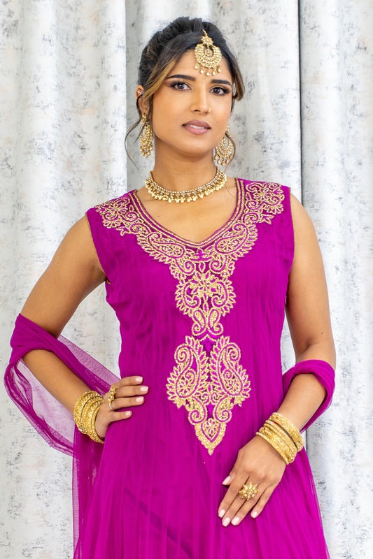 Purple Net Punjabi Set with Gold Swarovski Stone Work