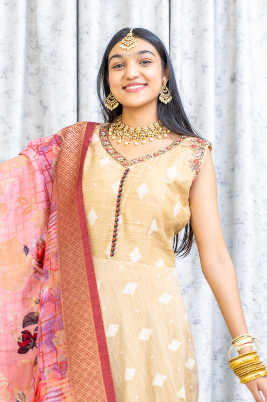 Light Peach Borcade Punjabi Set with Contrast Scarf