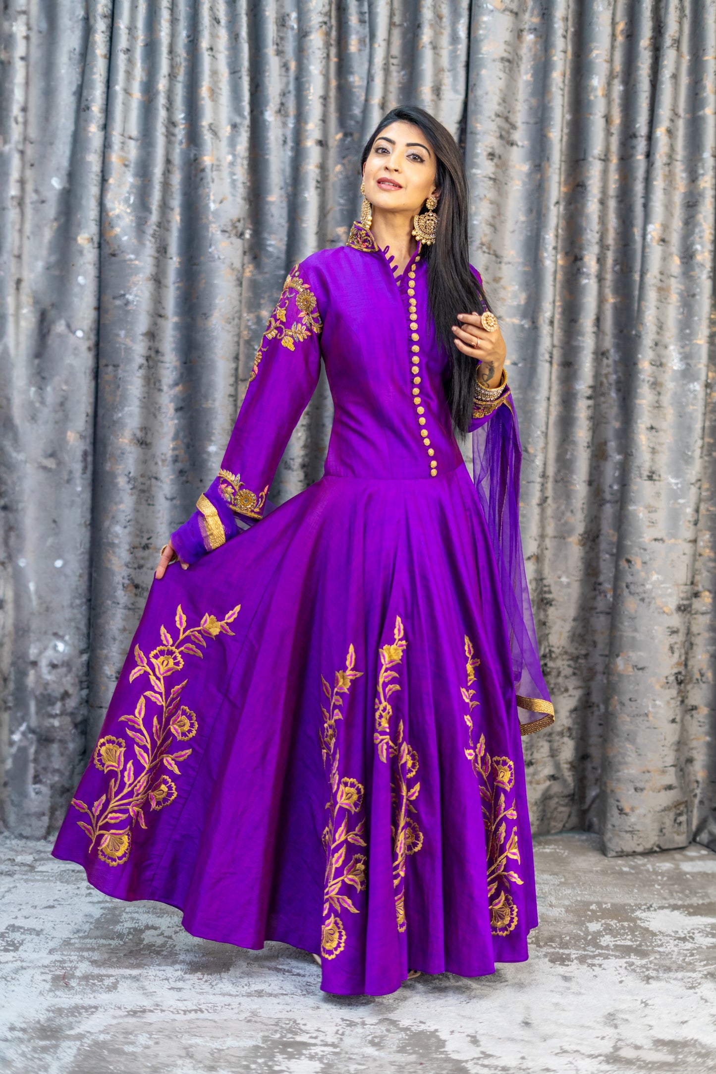 Purple Raw Silk Punjabi Set with Printed Work