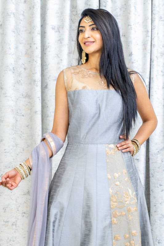 Grey Raw Silk Punjabi Set with Net Embroidery Panel