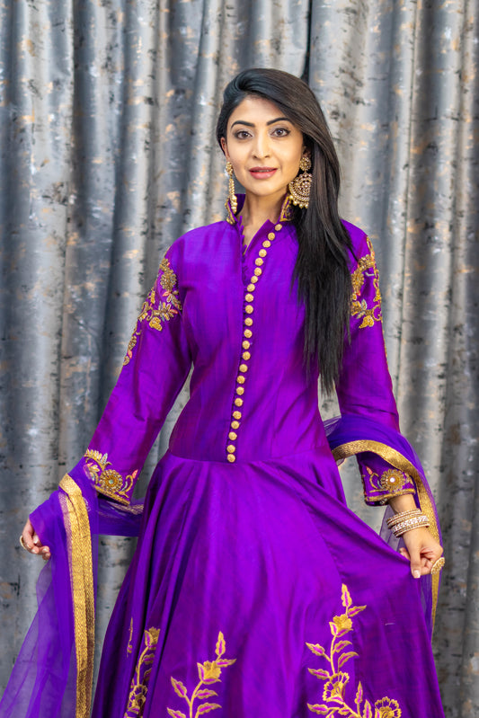 Purple Raw Silk Punjabi Set with Printed Work