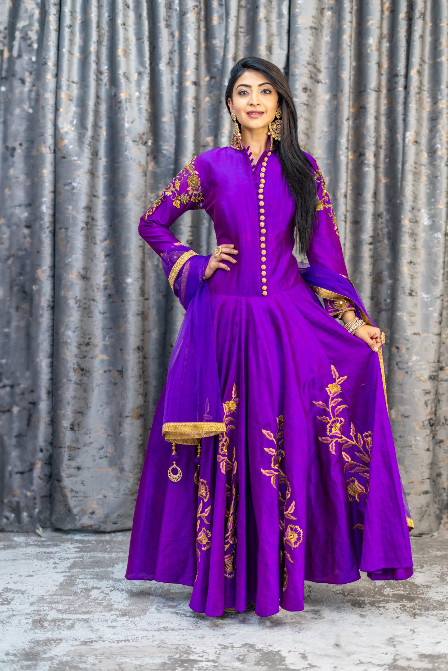 Purple Raw Silk Punjabi Set with Printed Work