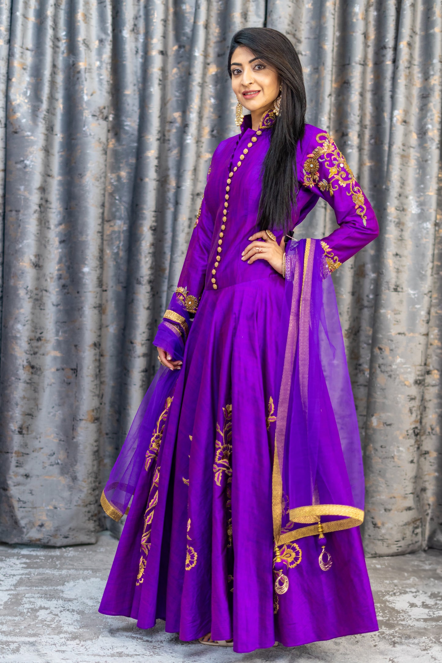 Purple Raw Silk Punjabi Set with Printed Work