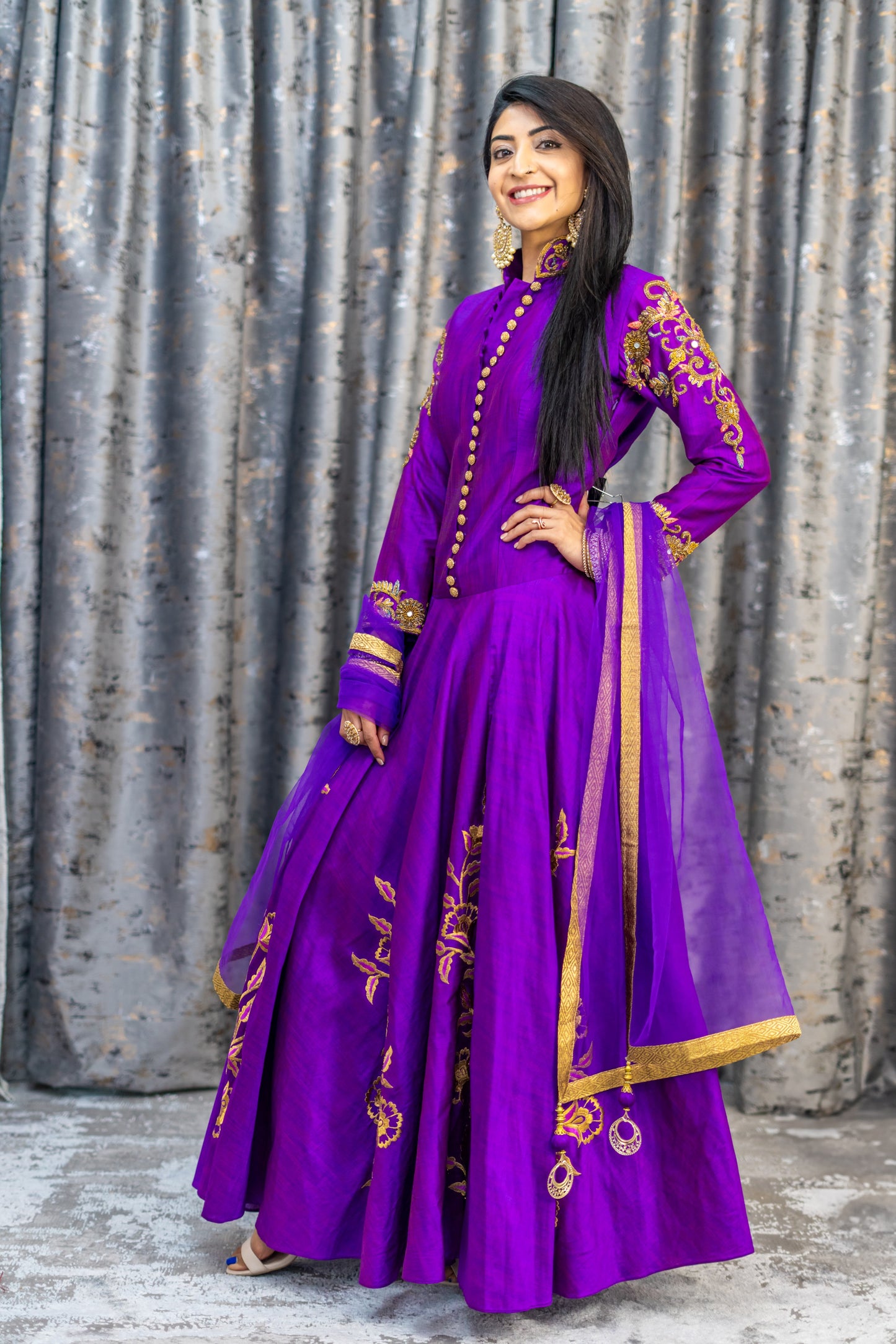 Purple Raw Silk Punjabi Set with Printed Work