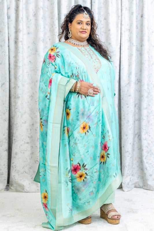 Sky Teal Chinon Silk Punjabi Set