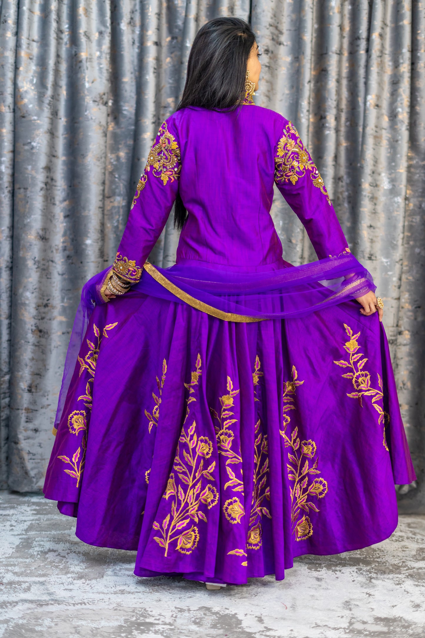 Purple Raw Silk Punjabi Set with Printed Work