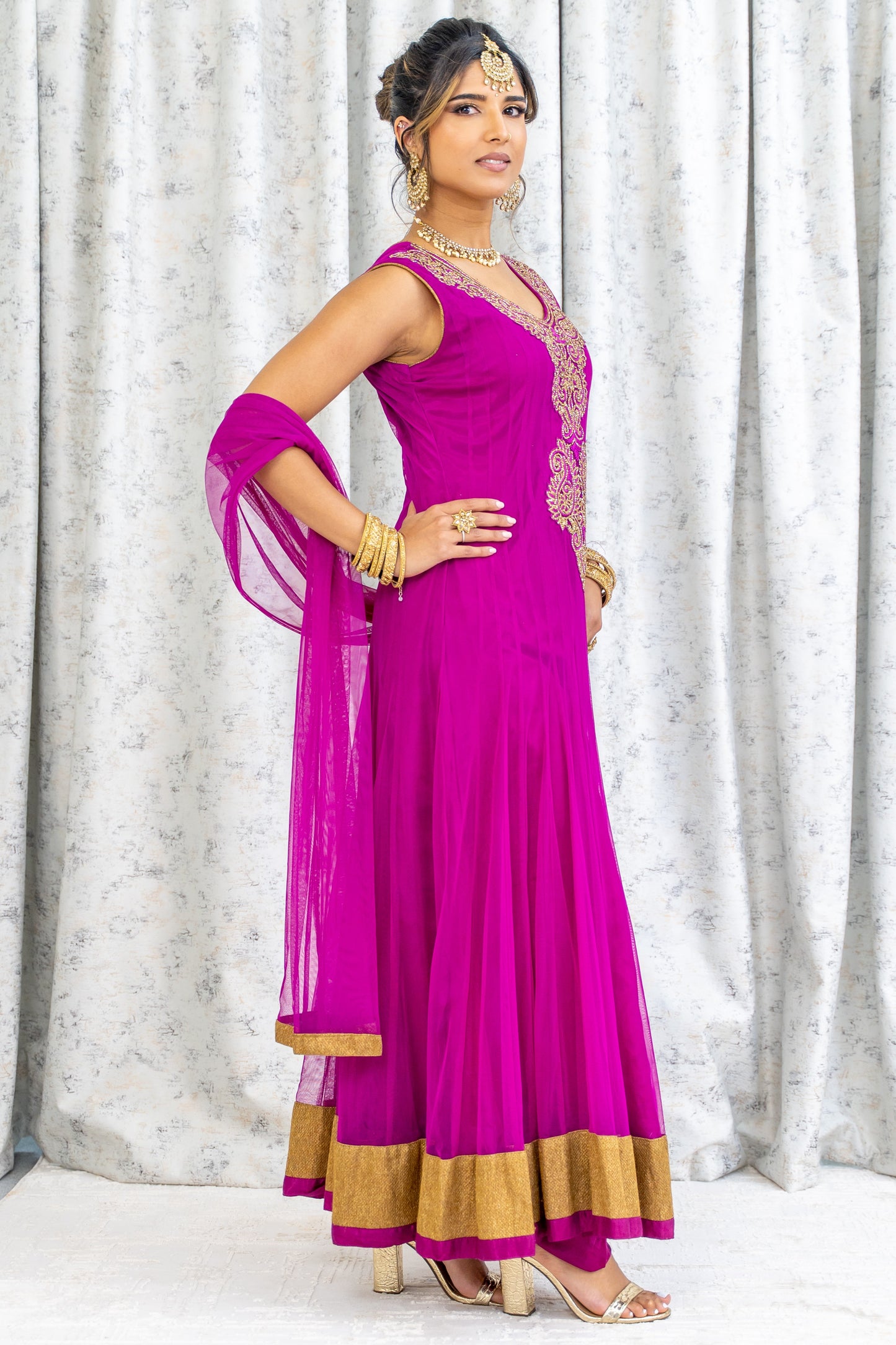 Purple Net Punjabi Set with Gold Swarovski Stone Work