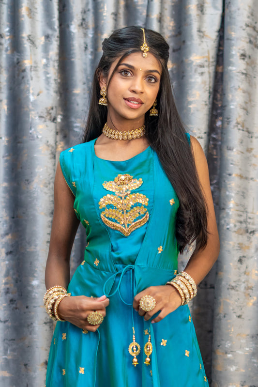 Teal Cotton Punjabi Set with Over Coat