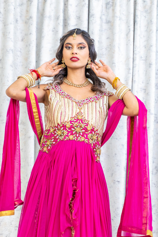 Rani Pink Net Lehenga Choli with Brocade & Swarovski Stone Work